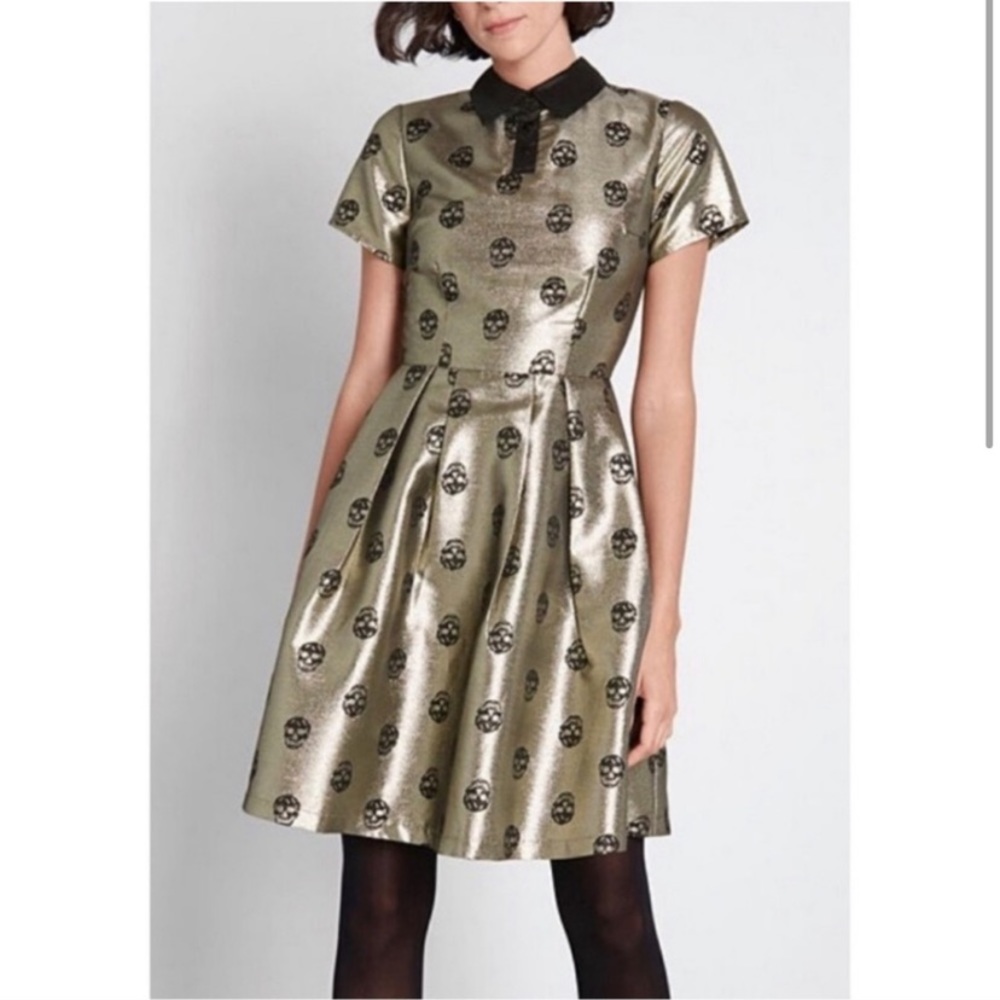 ModCloth gold dress with black skulls